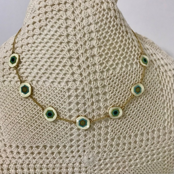 Talbots Jewelry - Talbots Beaded Medallion Station Necklace Gold Ivory Green Adjustable 18-21"